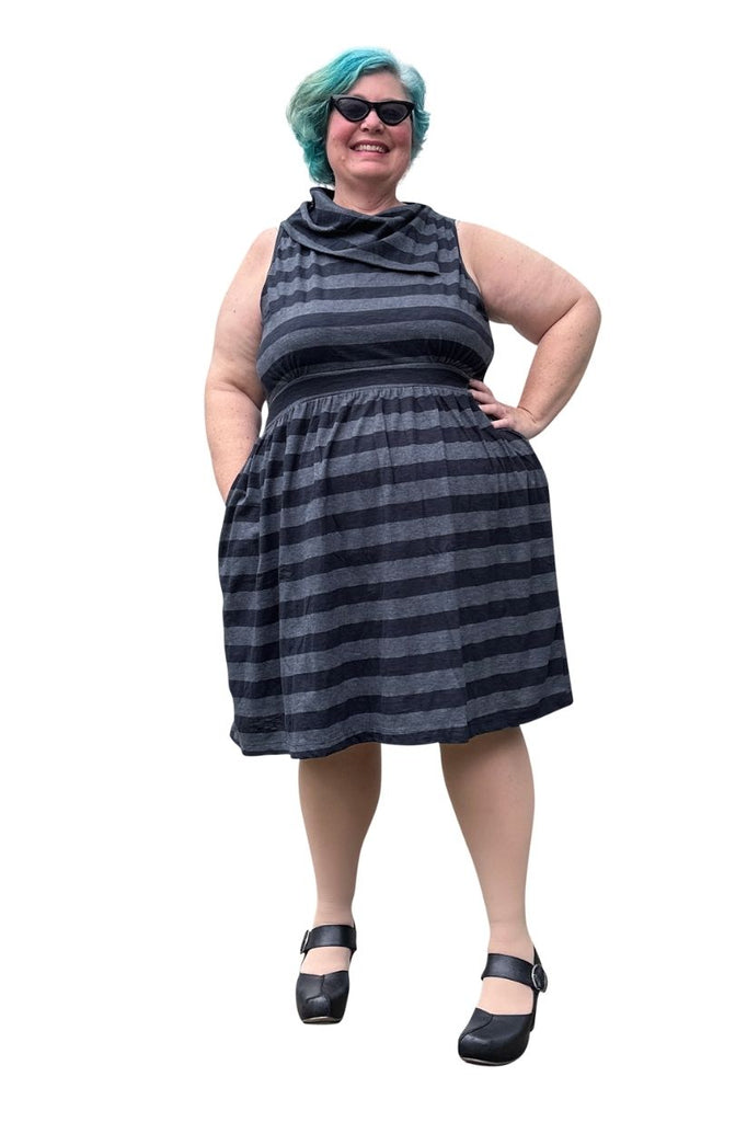 Sideways Collar Dress in Charcoal Stripe – Joolz Fashion