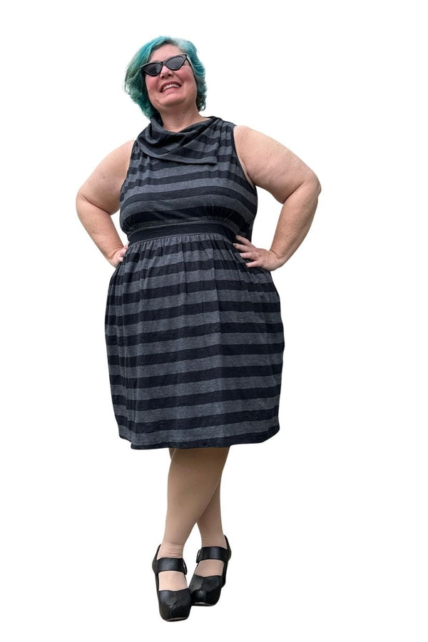 Sideways Collar Dress in Charcoal Stripe