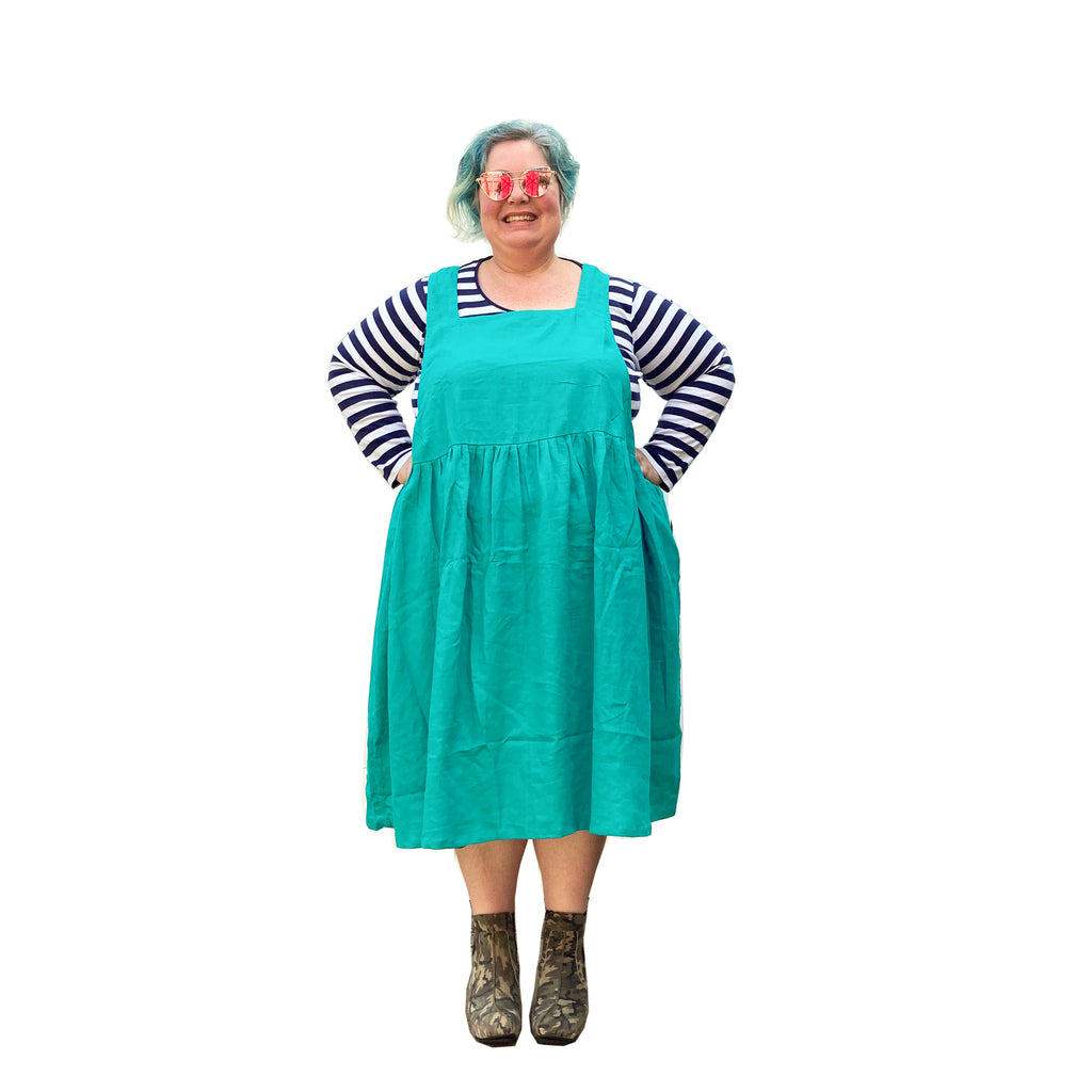 Kelly Linen Square Neckline Pinafore Plus Size Dress with pockets avai Joolz Fashion Kelly Linen Square Neckline Pinafore Plus Size Dress with pockets avai Joolz Fashion