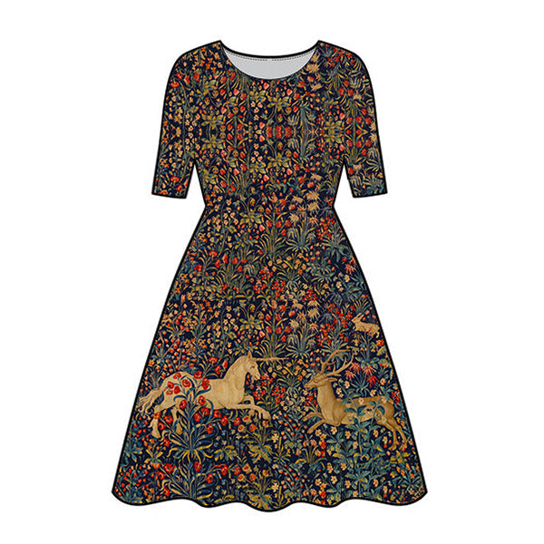 Art Series: Unicorn Millefleurs Velvet Tea Dress with pockets available with short or long sleeve